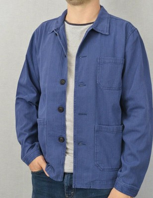 60s Style Washed Indigo Blue French Jacket Workwear Chore  