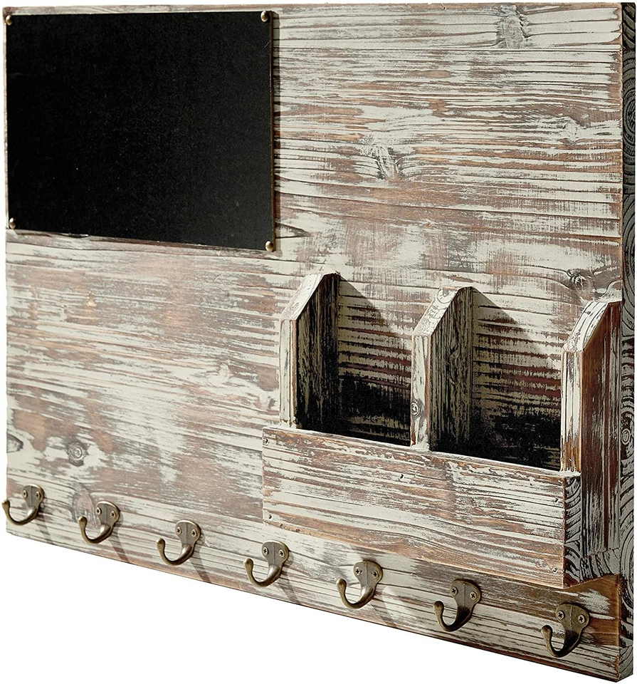 Clips de notas de pizarra montados en la pared de madera antorchada MyGift, clasificador de correo y gancho para llaves Foto 3 de 4