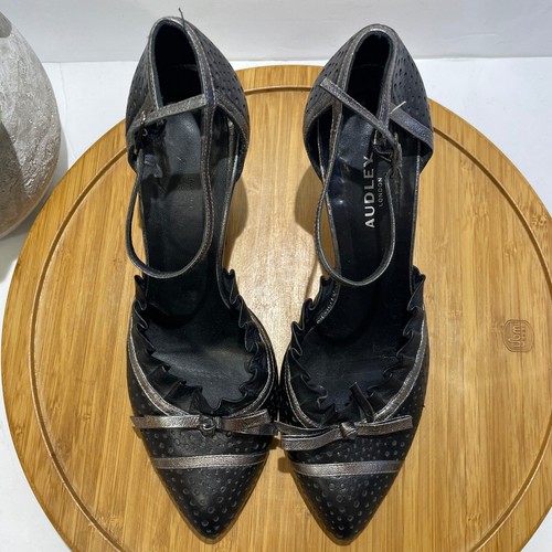 Audley London Black Block Heels Retro Ankle Strap Bow Silver Accents Size 6.5 - Picture 6 of 10