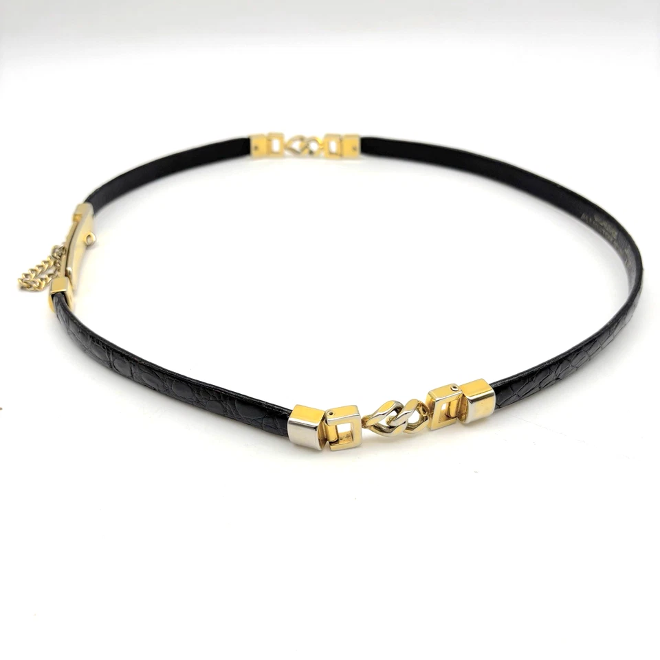 Vintage Black Genuine Alligator Skin Gold-tone Chain Peg Buckle Waist Belt 30 - Image 2 of 4