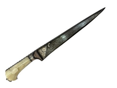 Ottoman Mughal Damascus Pesh Kabz Kripan with bone grips & silver koftgari 15 