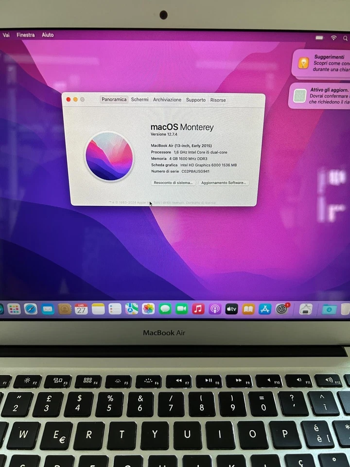 APPLE MACBOOK AIR A1466 13" 2015 I5 1.6GZ 256 GB 4 GB MONTEREY OS RICONDIZIONATO - Immagine 3 di 4