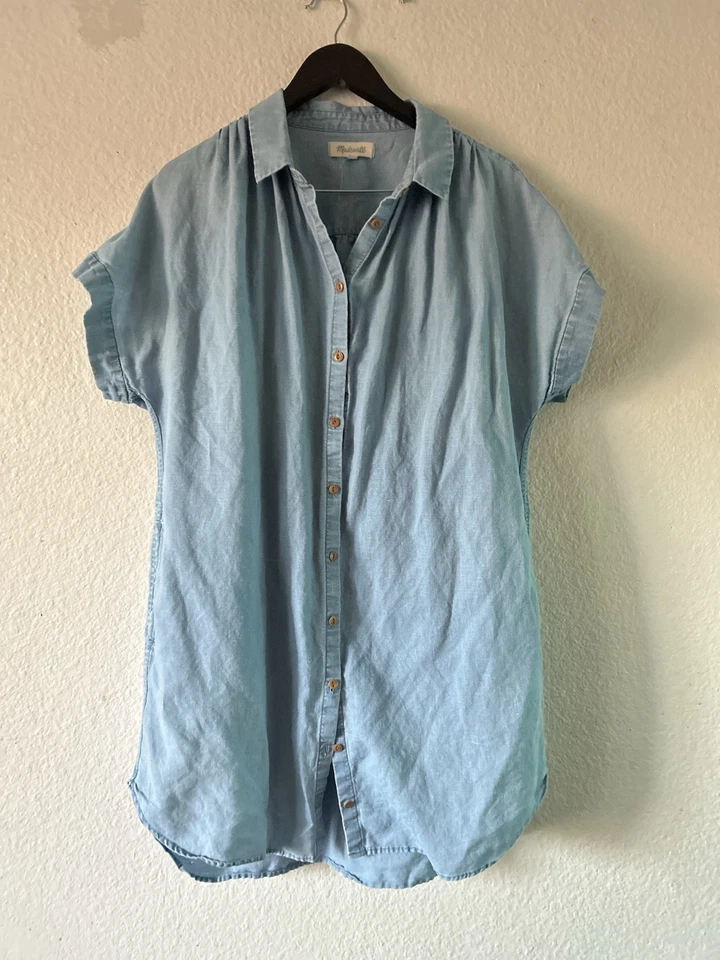 Vestido Camisa Madewell Azul Mezcla Lino Cambray Central XL Informal Costero Relajado Foto 2 de 4