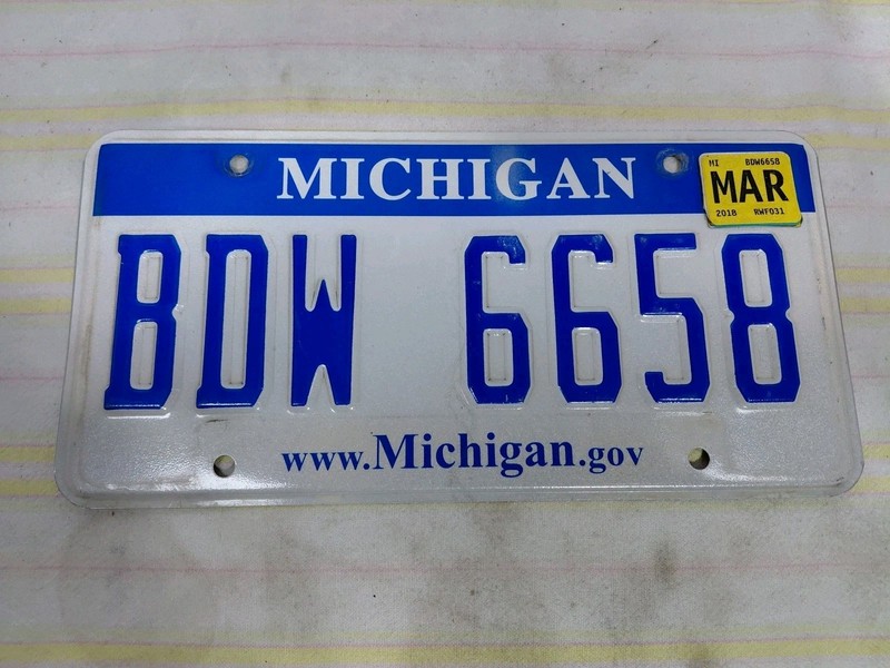 Michigan License Plate BDW 6658 White Blue 