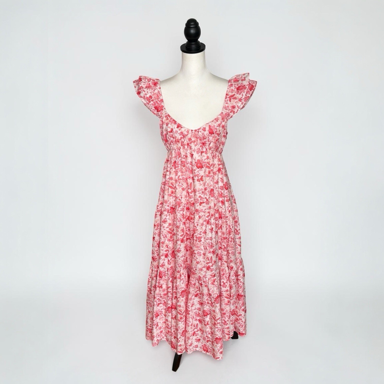 Abercrombie & Fitch Ruched Flutter Sleeve Long Midi/Maxi Dress Pink Floral XS