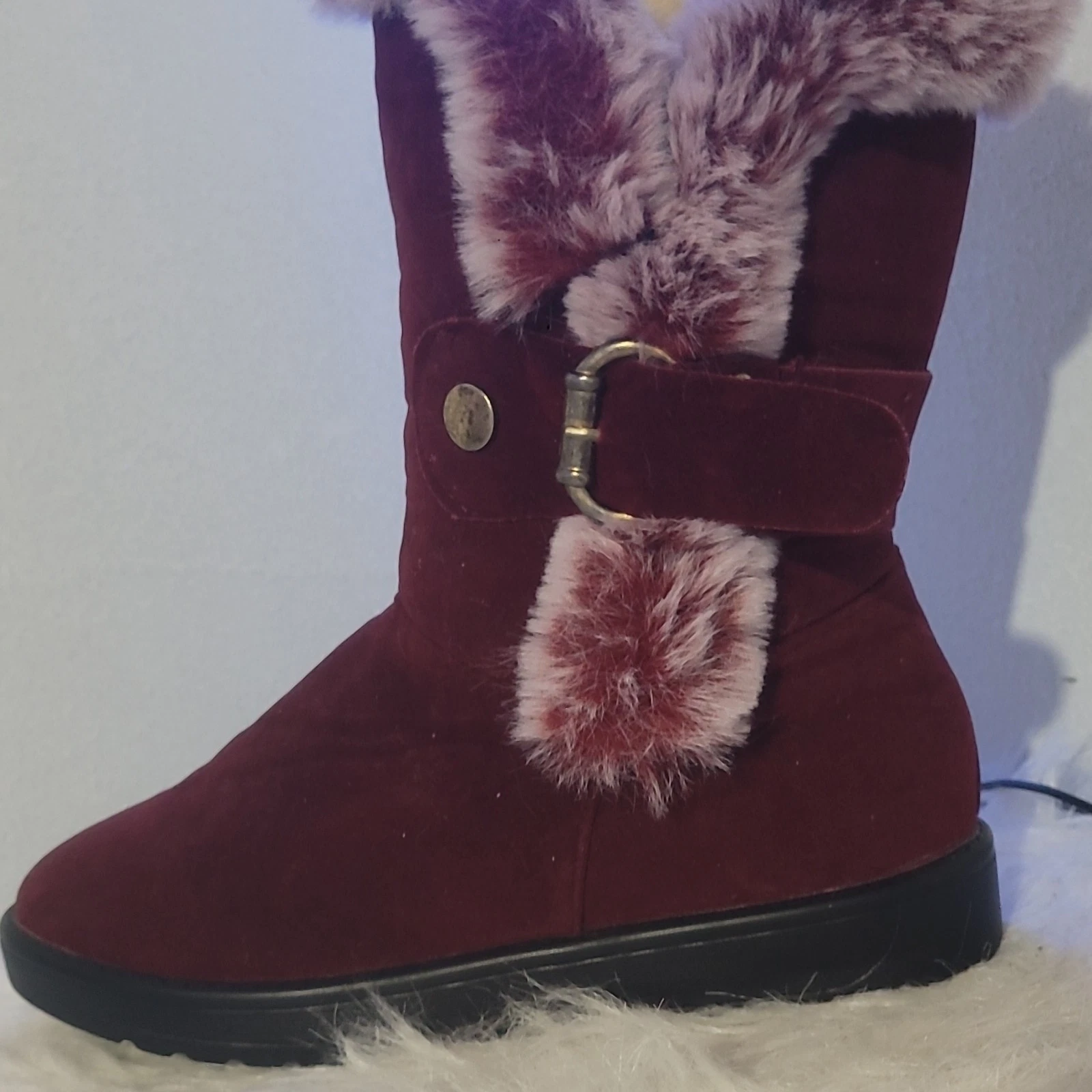 Women's Burgundy Pink Faux Suede Fur Trim Buckle Mid-Calf Winter Snow Boots