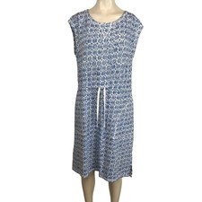 T BY TALBOTS - WOMEN'S MEDIUM -BLUE & WHITE SHORT SLEEVE DRAWSTRING WAIST DRESS