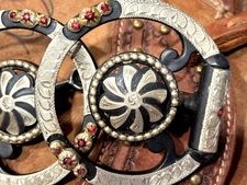 *SILVER SHOW SNAFFLE INLAID STONES WESTERN HORSE BIT 4 HEADSTALL BRIDLE FUTURITY