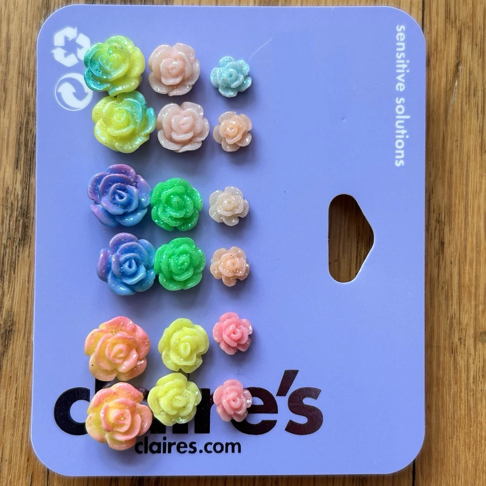 Claire’s 18 Piece Roses Earring Jewelry Set NWT Flower Glitter Studs - Image 2 of 3