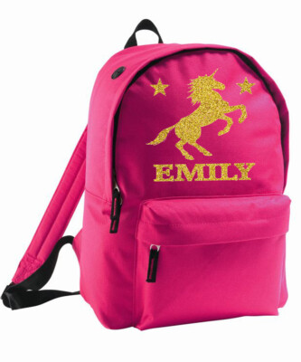 Mädchen Einhorn Tasche personalisiert Rucksack Name hinzufügen Gold Textur Glitzer Schule