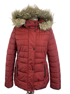 GEORGE MANTEL JACKE 10 ROT Puffer Wattiert Kunstfell Kapuze Reißverschluss Druckknopf Midi Winter