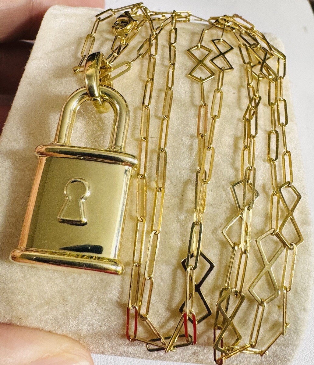 NEW 18K 750 Fine Real Saudi Gold Padlock Pendant Necklace
