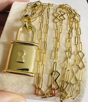 NEU 18K 750 feine echte saudische Gold Vorhängeschloss Anhänger Halskette mit 31'' lang 7,7 g 5 mm