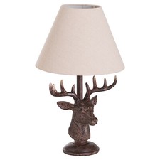 Rustic Brown Stag Head Table Lamp With Linen Shade 48cm