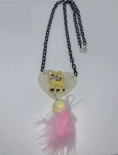 Kawaii Pop Resin Yellow Deer on White Glitter Heart Pendant Necklace NWOT