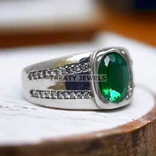 Emerald Oval Cut Gemstone With 925 Sterling Silver Ring For Men's #615