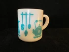 Vintage Hazel Atlas Platonite Milk Glass Turquoise Kitchen Aids Coffee Cup- Nice