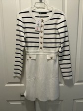 MEROKEETY White Black Stripes Long Sleeve Sweater Dress Gold Buttons Size M NWTs