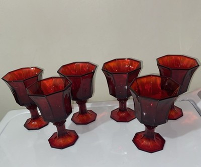 Vintage Independence Octagonal Ruby Red Water Wine Glasses Goblets 4 1/2  -Lot 6