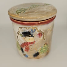 Christmas Crock With Lid. Snowman Trees. Tan Glazed. 4x4.25 In