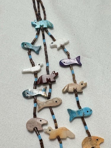 Vntg 3 Strand Zuni 52 Multi-Gemstone Fetish Necklace 28"Turqoise Bear Center - Picture 13 of 15