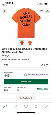 New Anti Social Social Club x Undefeated Paranoid Tshirt - Size Small Mens