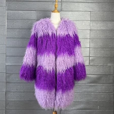 Winter Fur Wool Mid Long V-neck Purple Fur Coat Lamb Wool Fur Warm Party Jacket