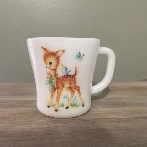 Rare Vintage Federal Glass Mug, Milk Glass Coffee Mug, Bambi, Deer, Doe