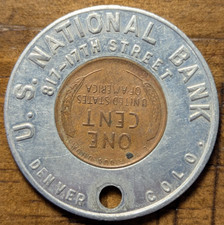 1955-D Denver Colorado U. S. National Bank Encased Cent Penny Token Keychain Fob