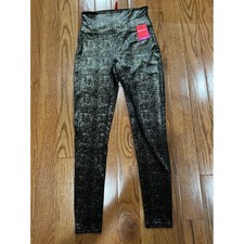 Spanx Black Gold Metallic Foil Leggings Medium High Waist Velvet Shine Shaping