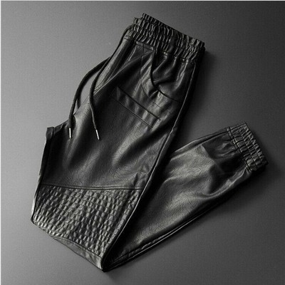 Mens casual Elastic Waist Jogger Motorcycle Pocket Faux Leather Trousers Pants 