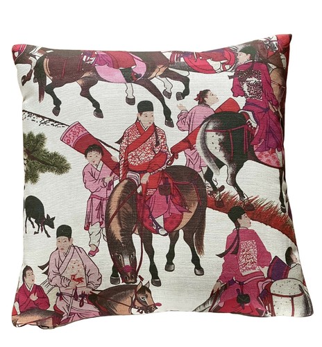 Oriental Cushion Cover Mongolian Horsemen with Trees Red Pink 16-24” - Picture 1 of 9