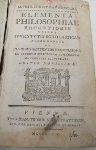 FR. CH. BAUMEISTER ELEMENTS DE PHILOSOPHIE 1774 ALLEMAGNE LEIBNIZ WOLFF Latin - Foto 1 di 11