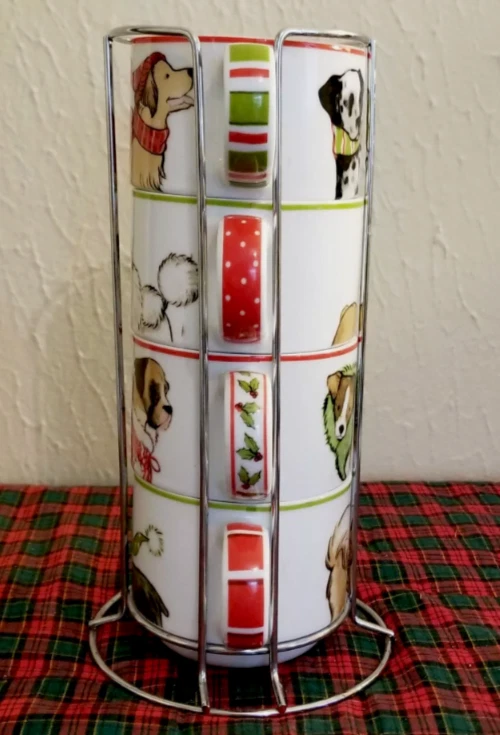 Pier 1 PARK AVENUE CACHORROS - NAVIDAD Perros 8oz JUEGO DE TAZAS APILABLES Y ESTANTE Foto 3 de 3