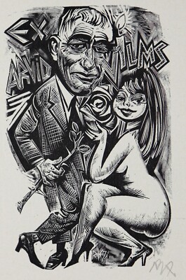 Vtg Art Ex-Libris Bookplate Nude Woman Man Rose Y0290
