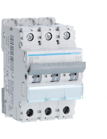 Disjoncteur 3 Pôles Hager courbe B 32A avec haut pouvoir de coupure 6-10kA