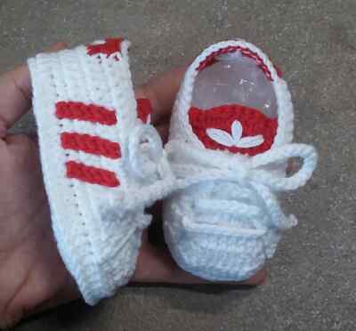 Häkel Babyschuhe im Adidas Style Gr. 0 bis 12 Monate 100% Baumwolle