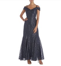New W Tags R M Richards Women's Off the Shoulder Floral Lace Gown Steel SZ 12