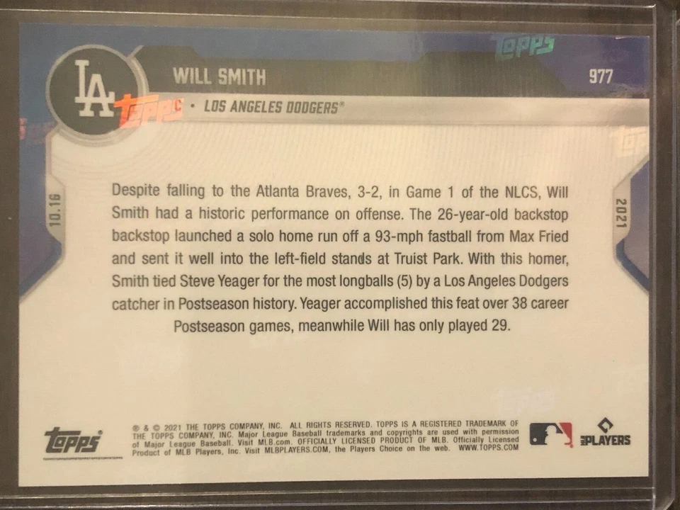 2021 Topps Now #977 Will Smith Los Angeles Dodgers 10/10 - Image 2 of 2