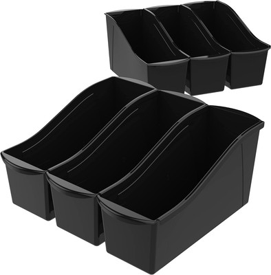 Storex Large Book Bin, Interlocking Plastic Organizer for Home, 6-Pack, Black 