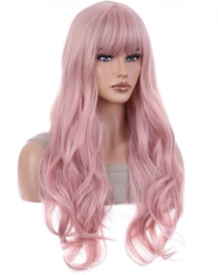 Perruque Synthétique Rose Courte Femme Ondulée Avec Frange - Bonnet Moyen +4 - Neuf Sans Étiquettes