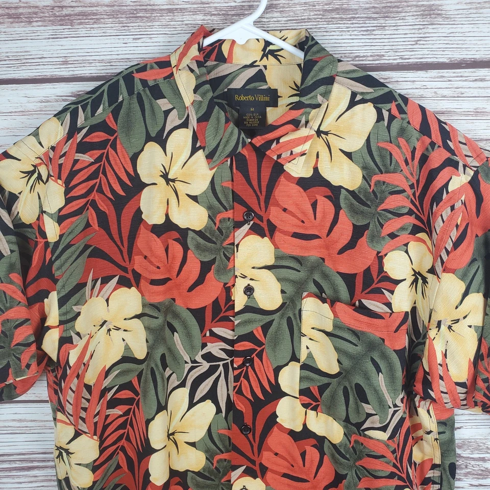 Camisa Hawaiana Roberto Villini Para Hombres Mediana 100% Seda Floral #115 Foto 2 de 4