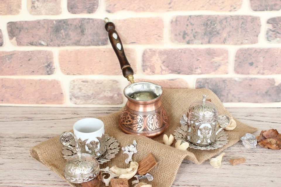 Juego de café espresso turco de cobre hecho a mano, 2 tazas de café y cafetera,  Foto 3 de 4