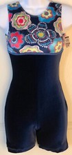 GK SLVLS BIKETARD ADULT SMALL NAVY VELVET FLORAL PRINT DANCE WORKOUT Sz AS NWT 