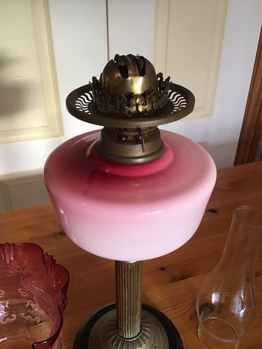 Oil Lamp Antique Duplex Burner Cranberry Glass Shade Glass Font Lovely - Picture 14 of 21
