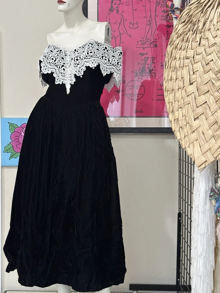 Vestido Formal Gunne Sax Años 80-Terciopelo Negro-Gótico-Promoción-Fiesta-Miércoles-Promoción-S Foto 4 de 4