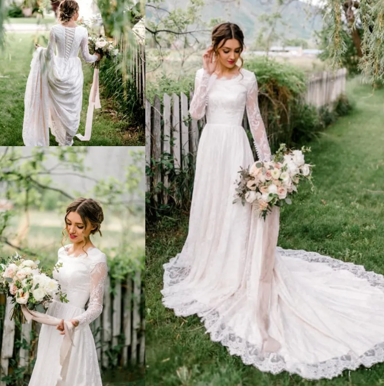 Modest lace Wedding Dresses With Sheer Long Sleeves Round Neck Corset  lace-up
