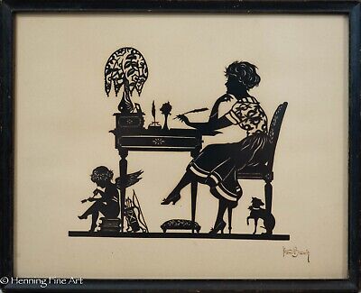 Beautiful Antique Paper Cutting Silhouette Art Woman Writing Love Letter  Cupid