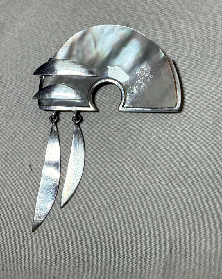 Broche prendedor colgante vintage hecho a mano artesanal concha de madreperla plata esterlina Foto 4 de 4