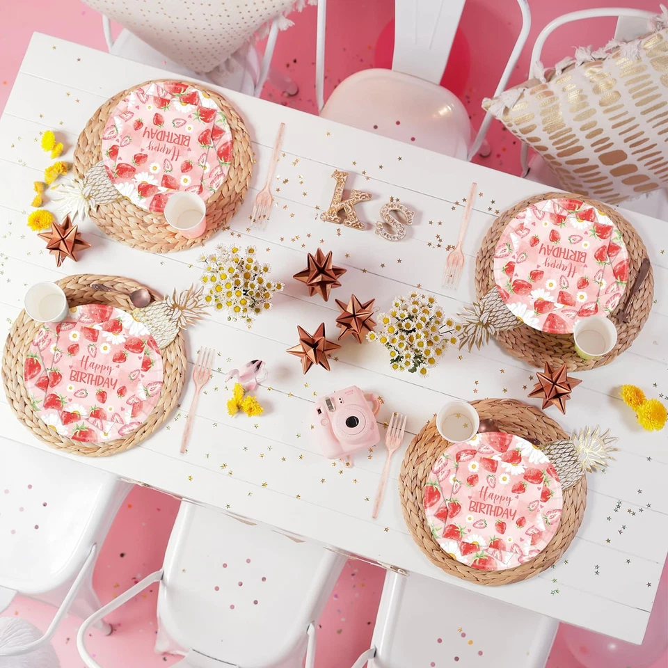 96 Piezas Servilletas Platos de Fiesta de Cumpleaños Fresa-Dulce Baby Shower Rosa Fruta S... Foto 4 de 4